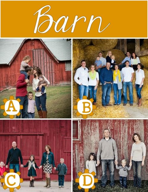 a collage of family photos with the words barn above them and below it is an image of people standing in front of a red barn