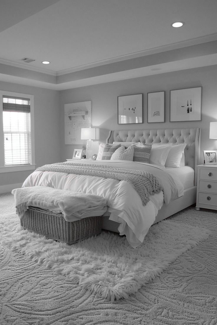 a bedroom with a large bed and white carpet