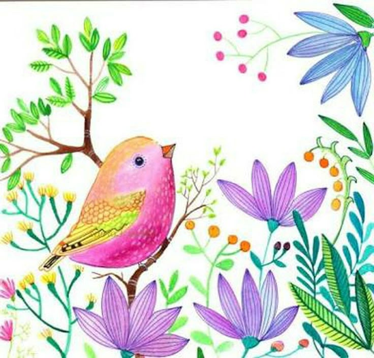 a colorful bird sitting on top of a tree branch surrounded by purple flowers and green leaves