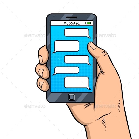 a hand holding a smart phone with speech bubbles on the screen - computers technology conceptual