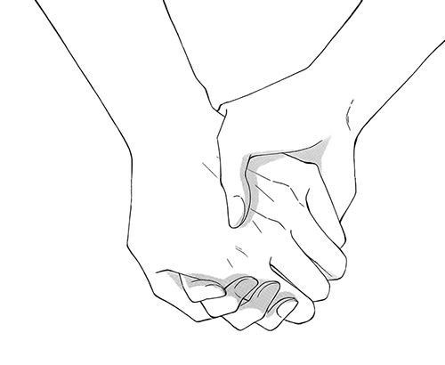 two hands holding each other in the middle of a line art style drawing, on a white background