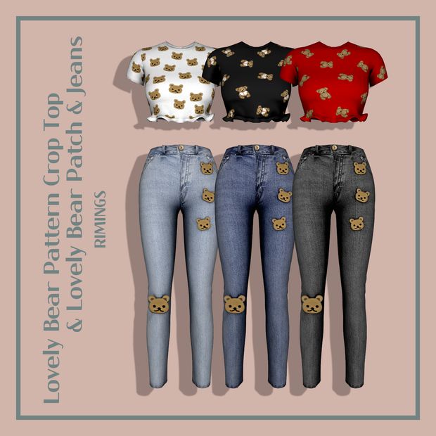 four pairs of jeans with gold buttons and bows on the side, all in different colors