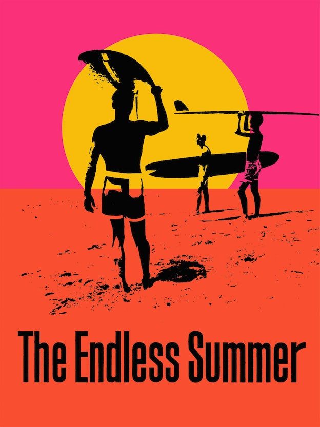 the endless summer poster with two people carrying surfboards