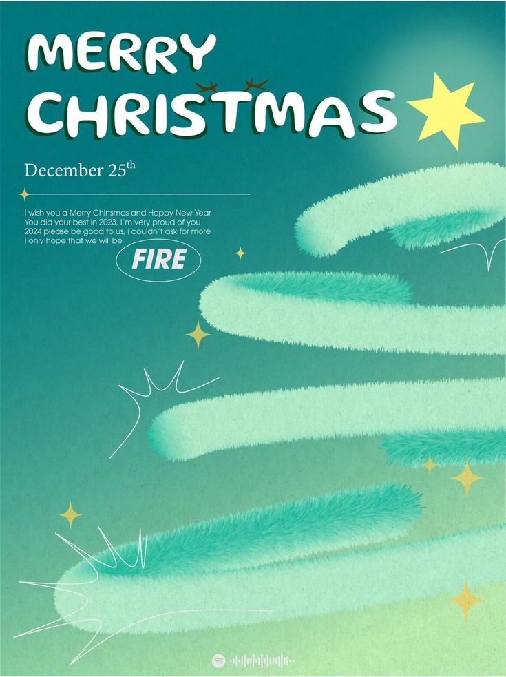 a poster for the merry christmas fire department, with green and yellow stars in the sky