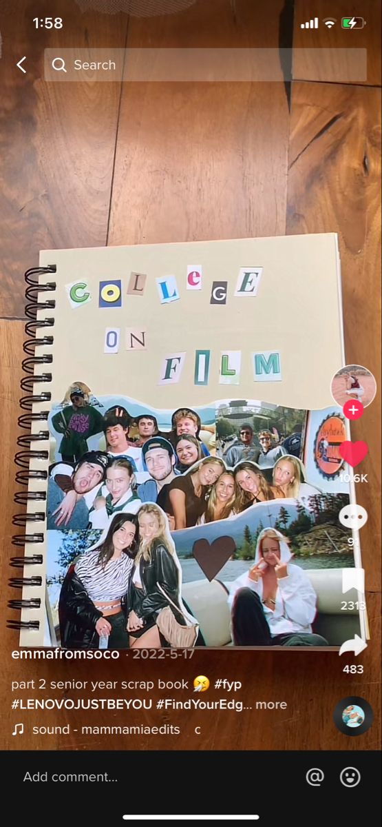 an open notebook with pictures of people on the cover and text that reads collager on film