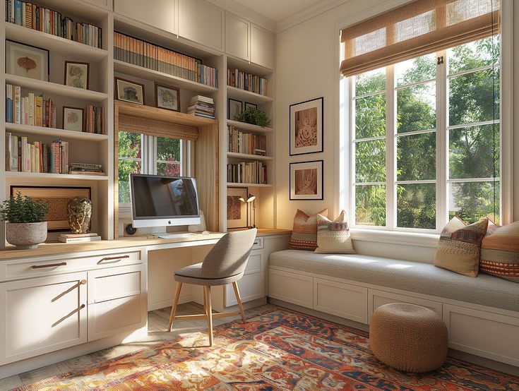 a home office with built in bookshelves and a window seat that has a computer on it