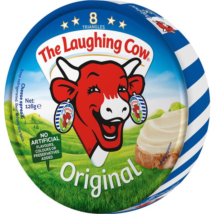 a blue and white plate with an image of a laughing cow on it's side