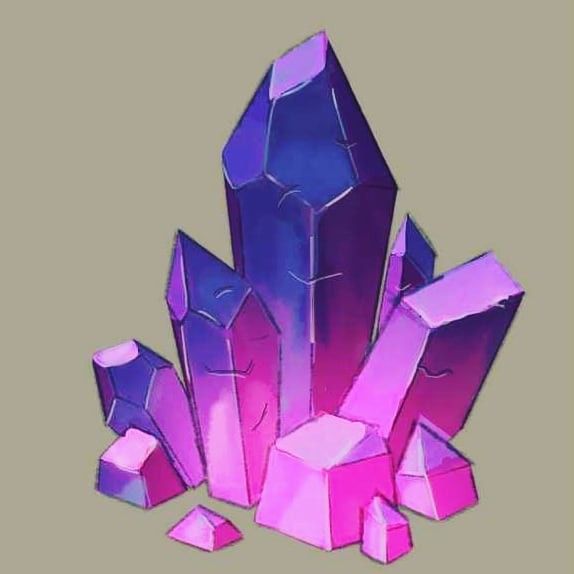 some pink and purple crystals on a gray background