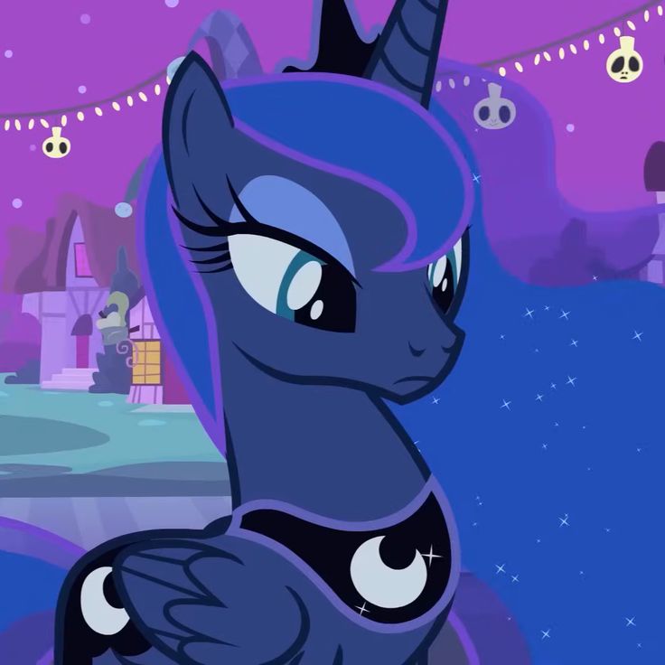 an animated pony with blue hair standing in front of a purple background and lights hanging from the ceiling