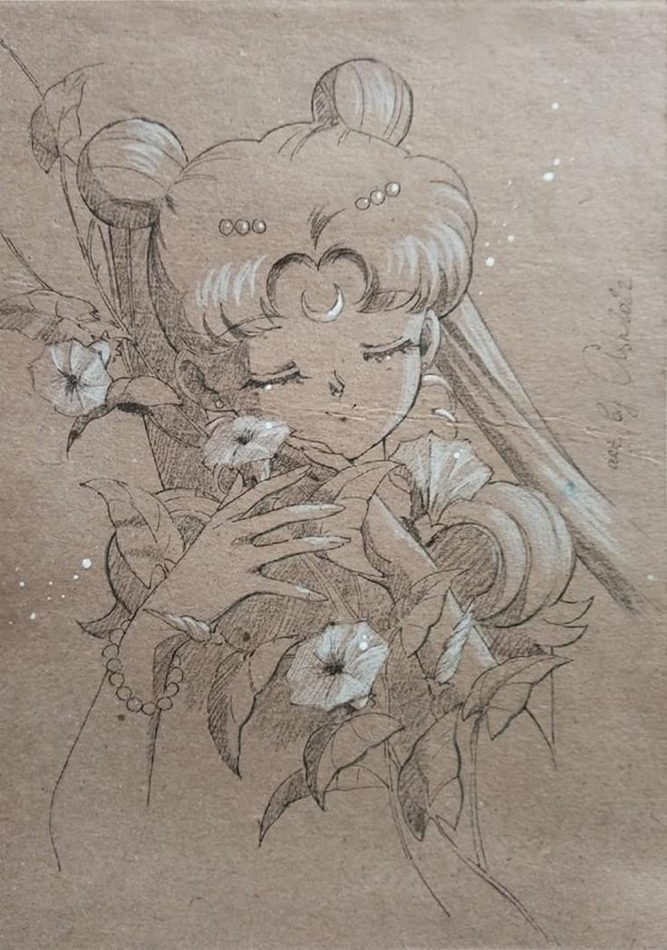 a drawing of a girl with flowers in her hair and holding onto a teddy bear