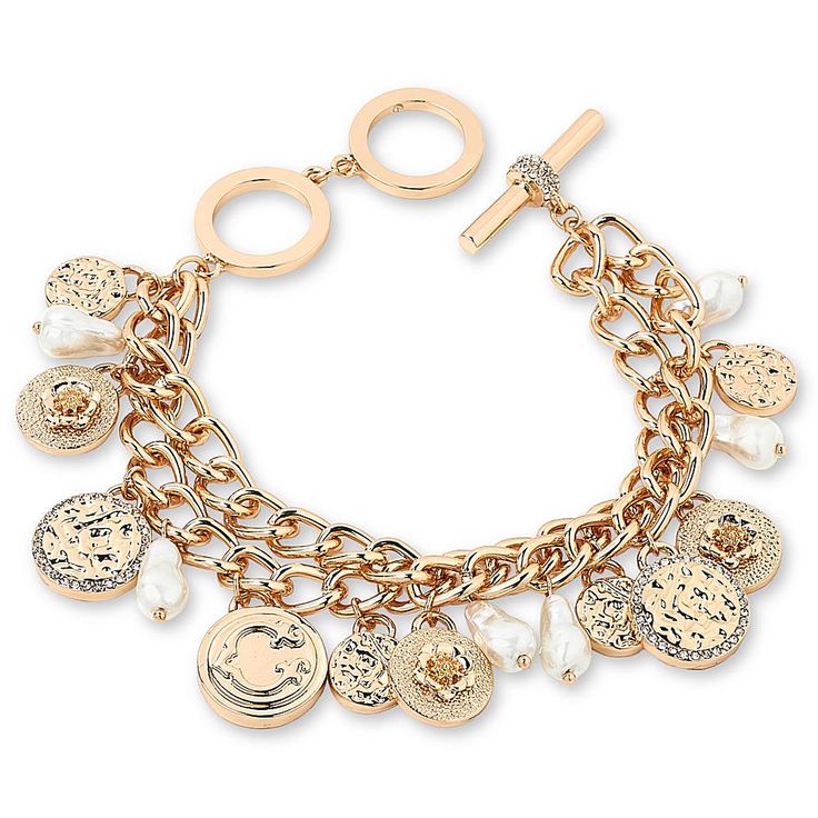 C Wonder by Christian Siriano Simulated Pearl Charm Toggle Bracelet Flirty finishing touches start here. Shimmying, pearl-inspired dangles and eye-catching coin designs give this look a playful glamour that works with, well, everything. And especially your C Wonder fashions.       Approx. 7-1/2"L x 5/16"W; fits 7-1/2" to 9-1/2" wrist       Goldtone; polished, hammered, textured finish      Two-row curb-link chain: toggle clasp Gold Metal Bracelet With Toggle Clasp, Elegant Gold Charm Bracelet With Toggle Clasp, Metal Charm Bracelet With Toggle Clasp, Vintage Gold-tone Jewelry With Toggle Clasp, Gold-tone Metal Bracelet With Toggle Clasp, Coin Design, Toggle Bracelet, Christian Siriano, Toggle Clasp