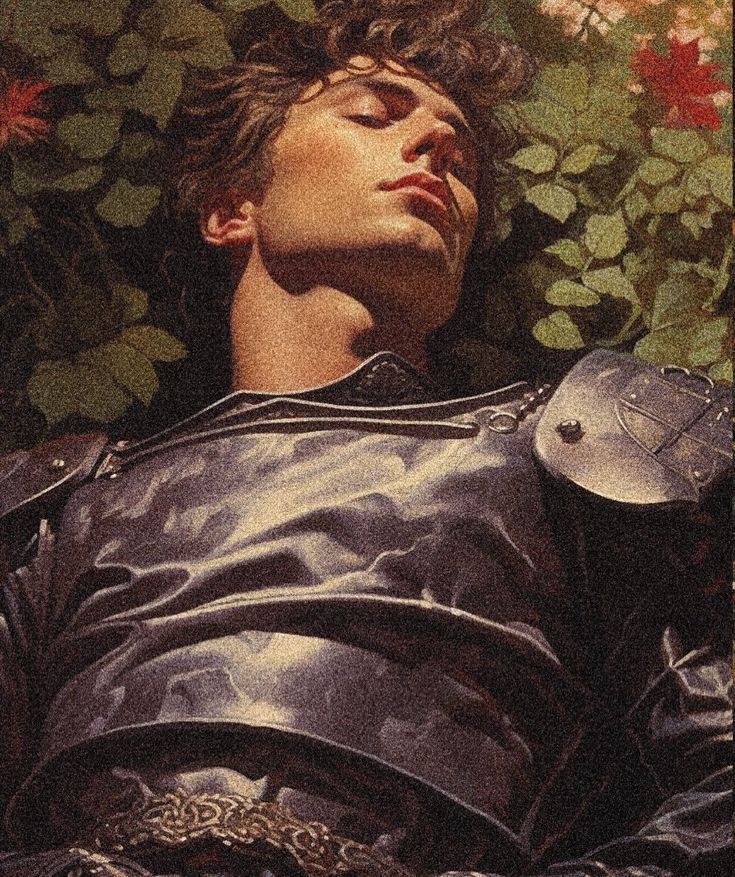 a man laying down with his eyes closed wearing armor and flowers in the back ground