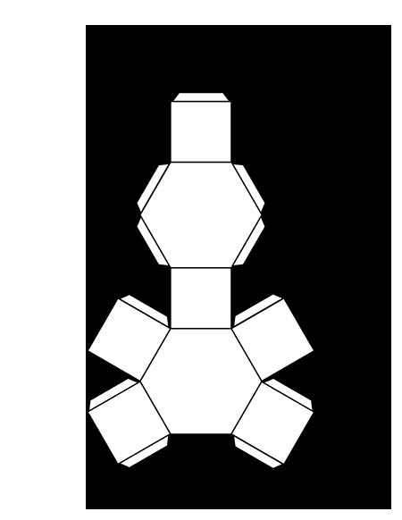 the hexagonal prism is shown in black and white, with three cubes on each