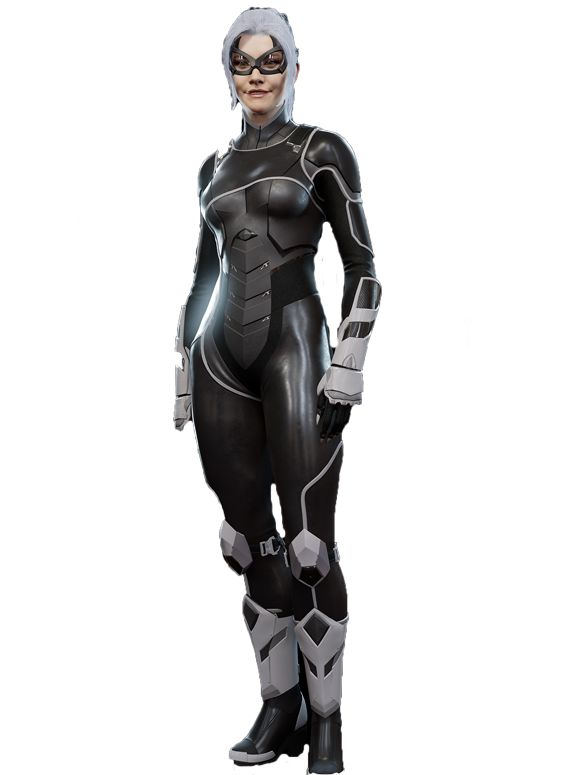 a woman dressed in black and white standing with her hands on her hips, wearing a futuristic