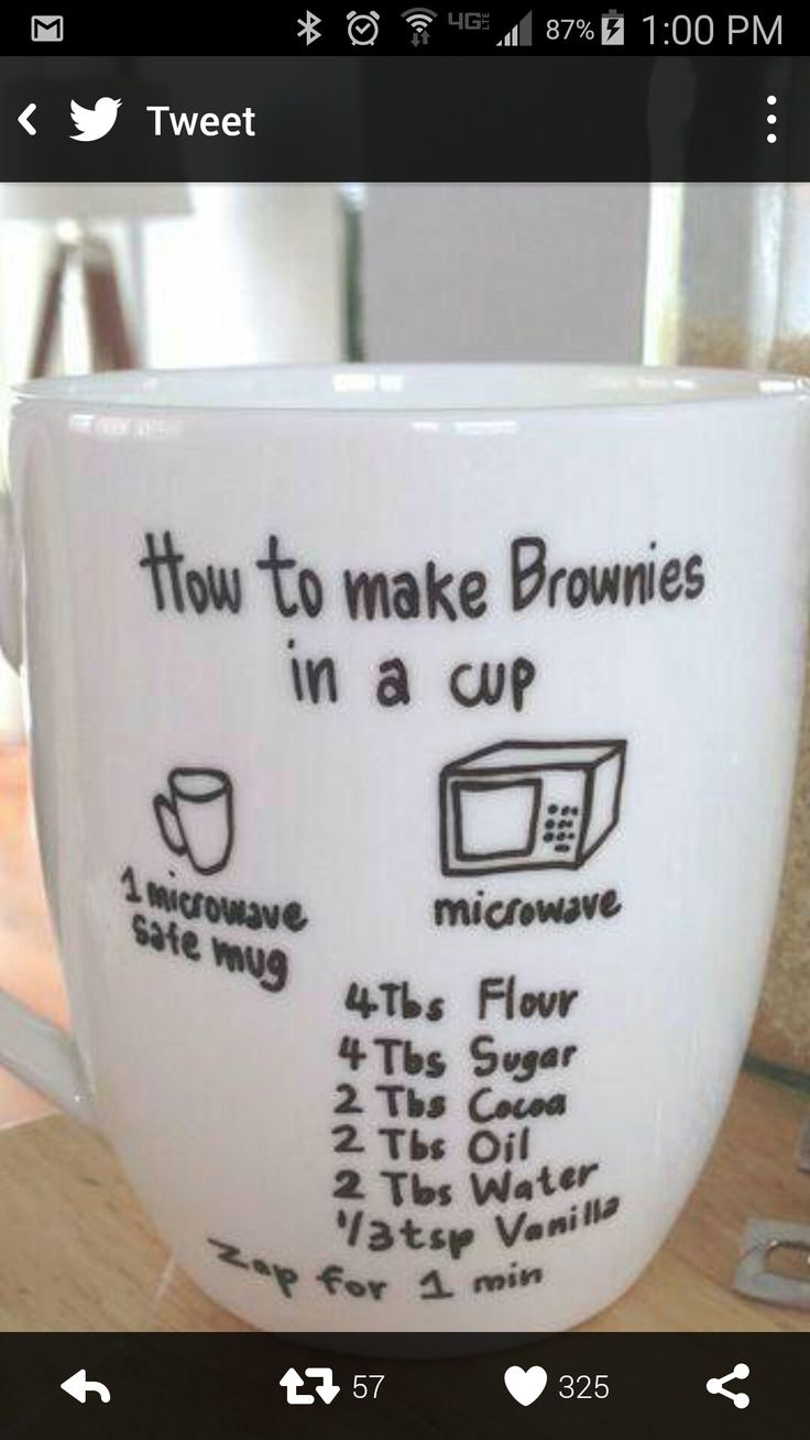 a coffee mug with instructions for how to make brownies in a cup on it