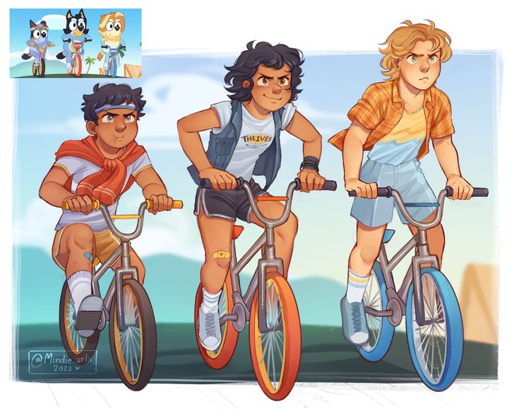 three young men riding bicycles in front of a cartoon dog on the back of another man