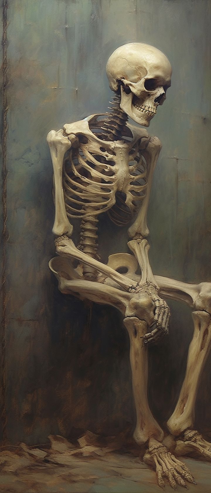 a painting of a skeleton sitting on a bench