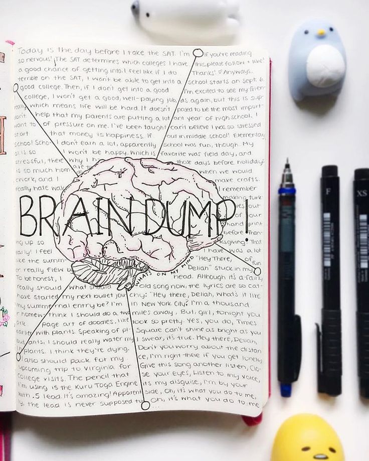 an open book with the words braindump on it next to pens and markers