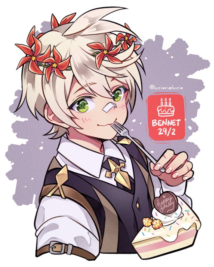 an anime character with blonde hair and green eyes holding a piece of cake in her hand