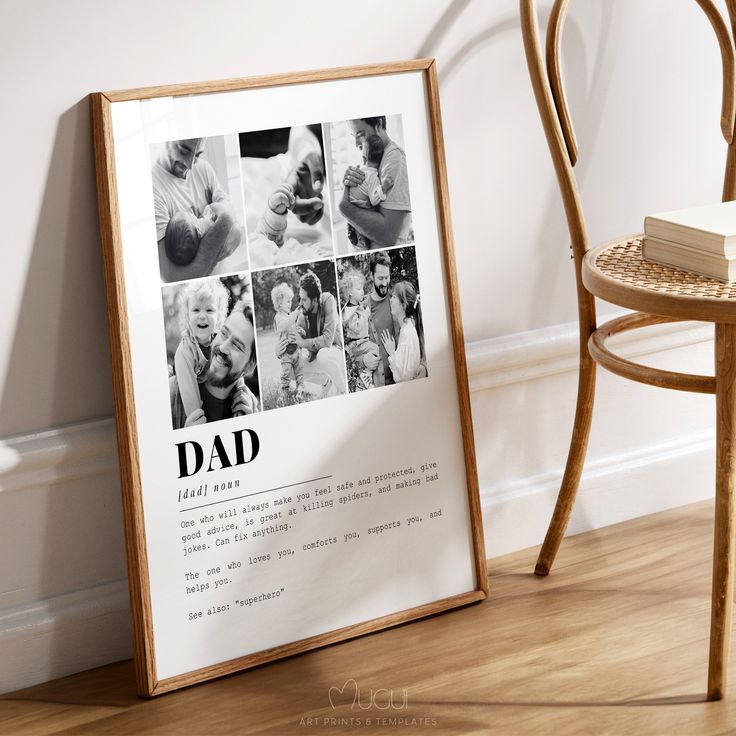 a wooden chair next to a framed photo with the words dad in black and white