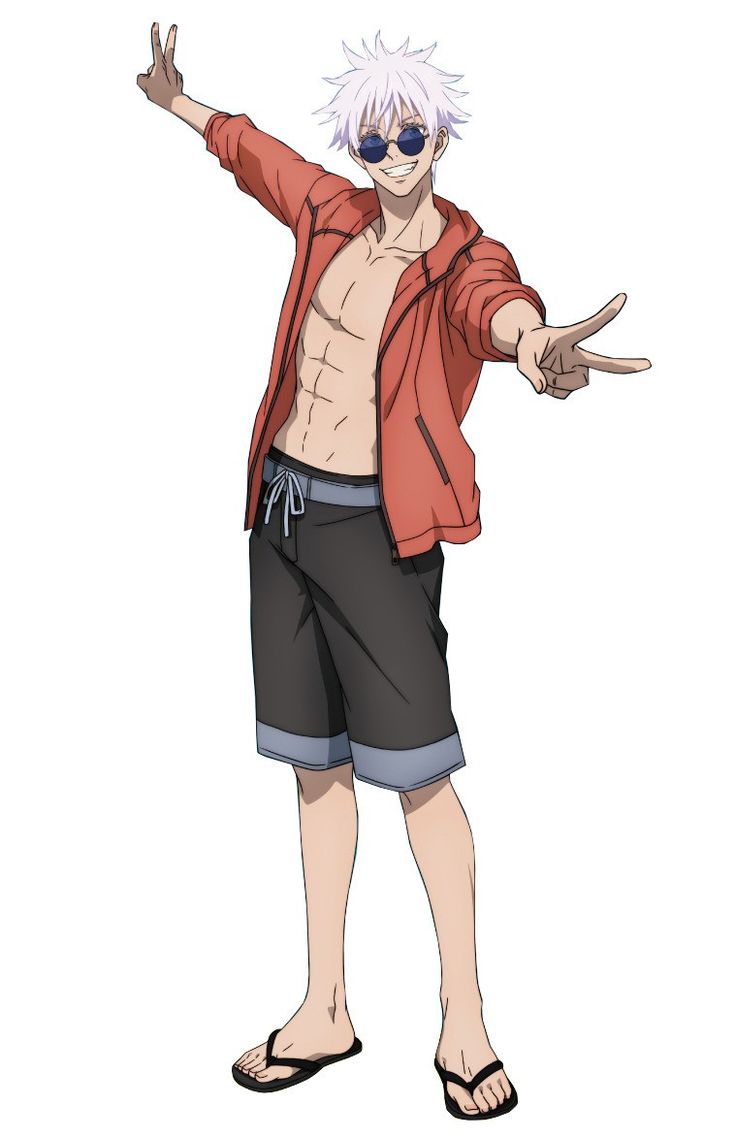 an anime character with white hair and glasses on his head, wearing shorts and a red jacket