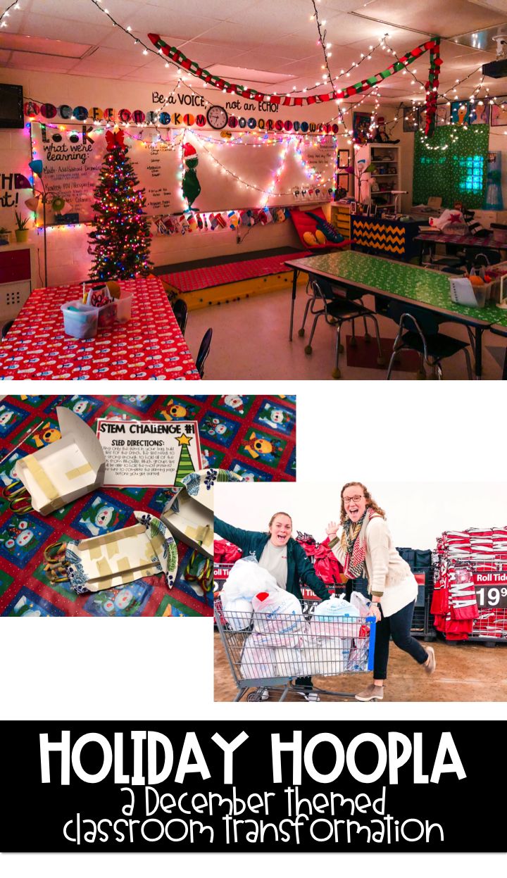 two women are sitting in front of christmas decorations and presents at the holiday hoopla