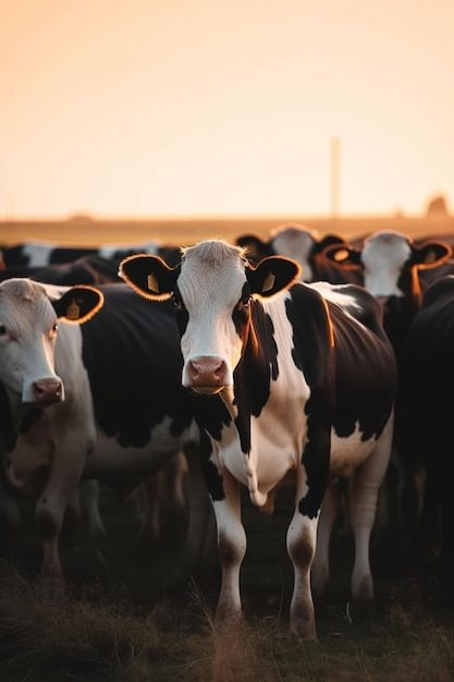 a herd of cows standing on top of a grass covered field next to each other