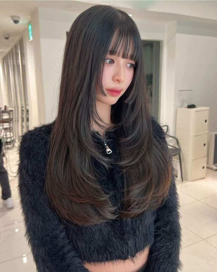 Long Cute Haircut, Wavy Ends Hair, Tokyo Revengers Haircut, Hime Cut Straight Hair, Asian Long Layers, Hime Cut With Layers, Soft Hime Haircut, Hime Cut Without Bangs, Mermaid Haircut