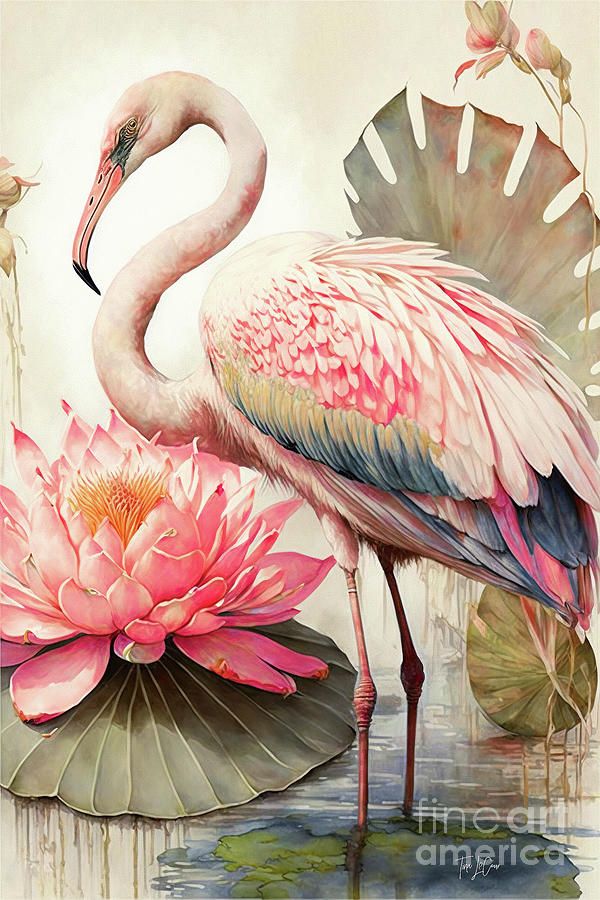 a painting of a pink flamingo standing on top of a lily pad next to water lilies