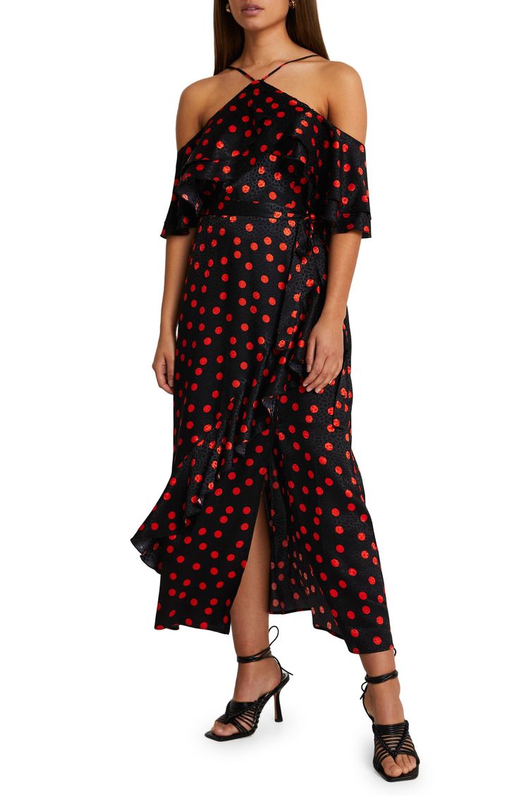 Bright polka dots light up the tonal leopard jacquard beneath on this floaty maxi cut with a halter neck, cold-shoulder sleeves and ruffles for the frill of it. Halter neck Elbow-length sleeves Removable sash Front slit 95% polyester, 5% elastane Machine wash, dry flat Imported Women's Clothing Frill Maxi Dress, Women Maxi Dresses Summer, Summer Maxi Dresses, Wrap Maxi Dress, Chiffon Midi Dress, Black Short Dress, Maxi Dress Wedding, Summer Maxi, Women Maxi