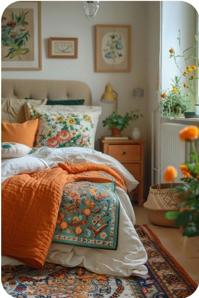 a bed with an orange blanket on top of it next to a vase filled with flowers