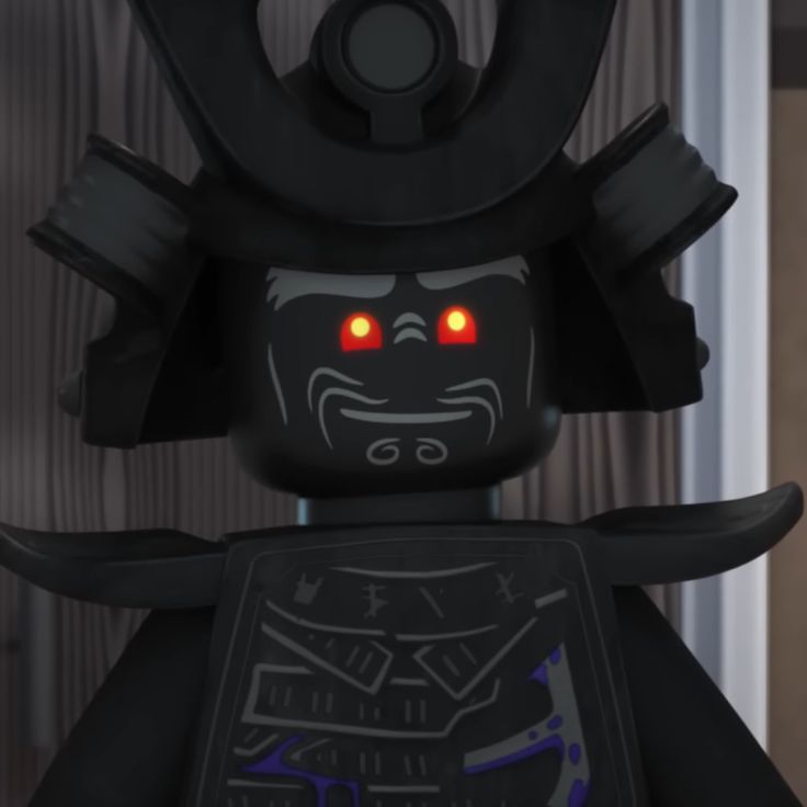 a lego figure with red eyes and black hair