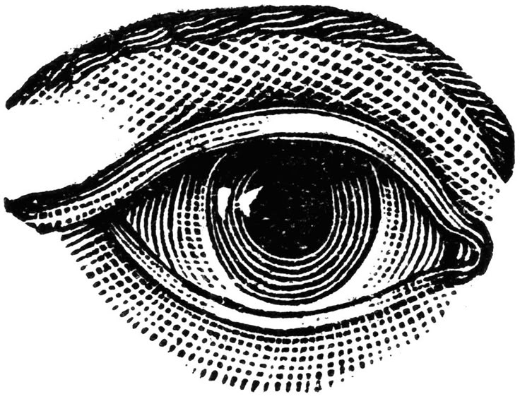 an eye that is drawn in black and white, with the iris opened to see something