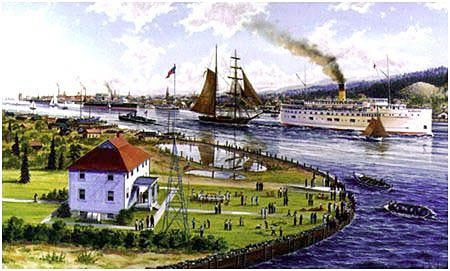 an old painting of ships in the water and people on land around them with buildings