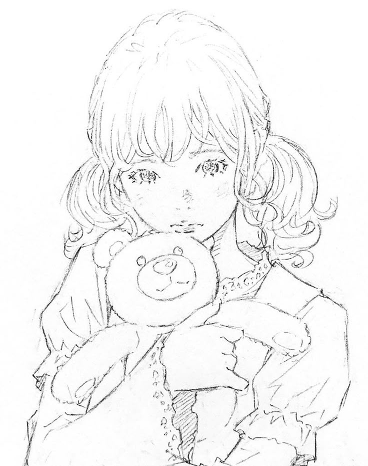 a drawing of a girl holding a teddy bear in her arms and looking at the camera