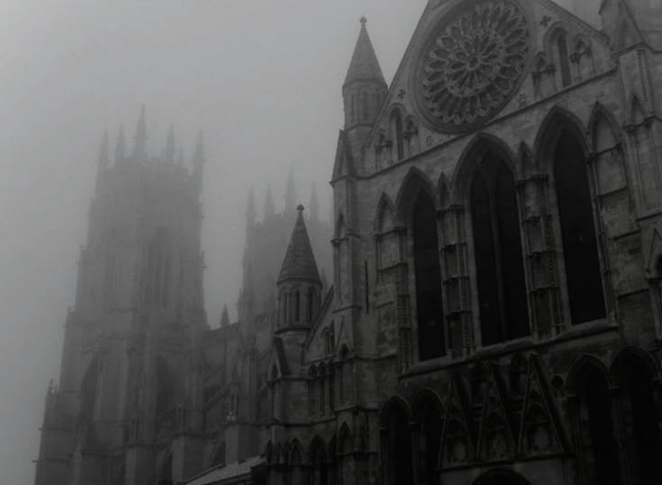 an old gothic church in the fog