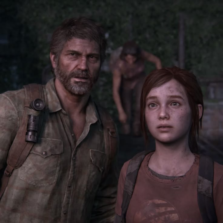 two people standing next to each other in the walking dead video game, with one person looking at the camera