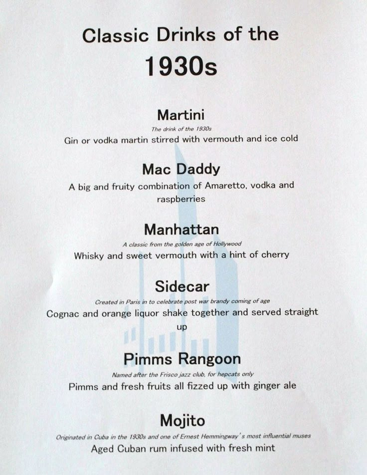 the menu for classic drinks of the 1930s