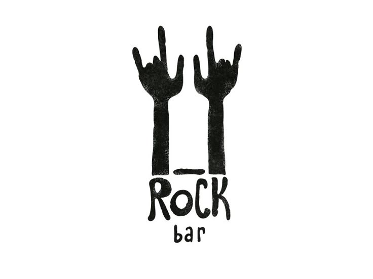 the rock bar logo with two hands raised up in front of it and the word rock written below