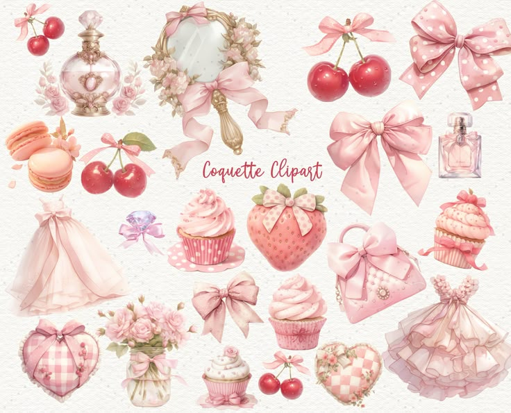 a collection of pink and white cupcakes with bows, cherries and hearts