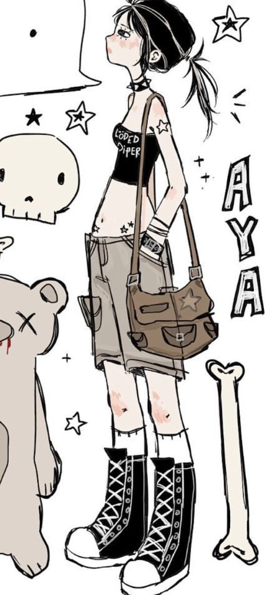 a drawing of a girl standing next to a teddy bear and holding a handbag