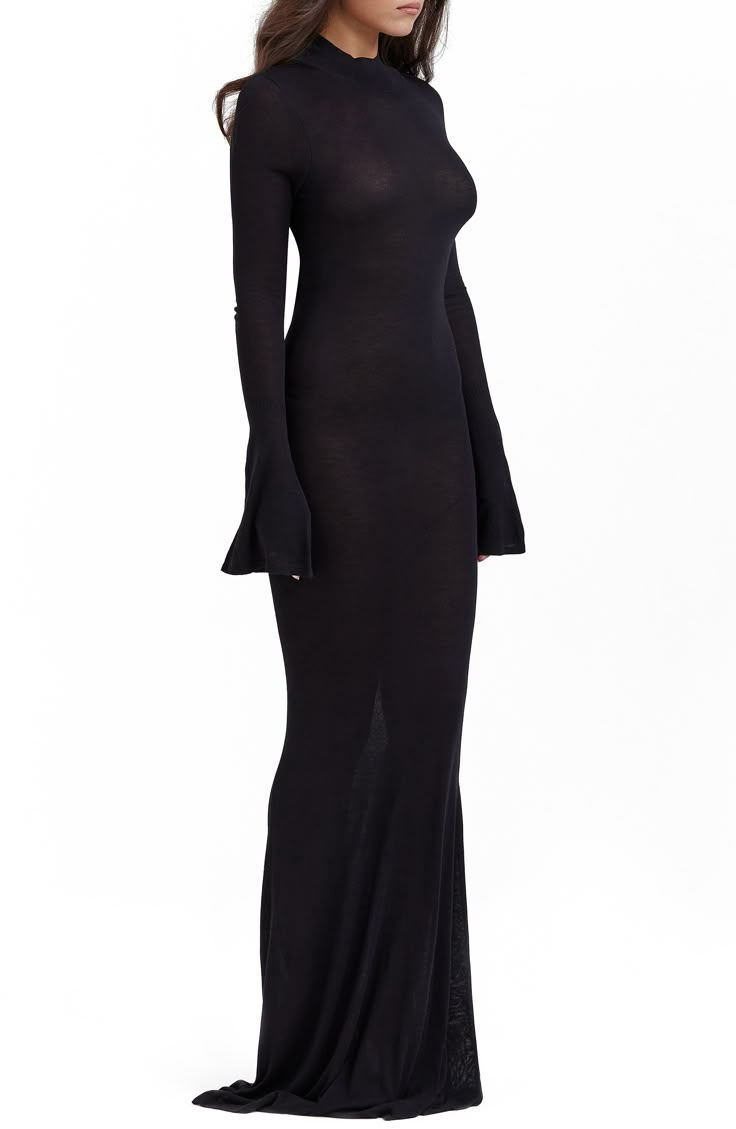 This semisheer maxi dress brings subtle romance to your style with long bell sleeves, an open back and a silky-soft touch. Exclusive retailer Pull-on style Mock neck Long sleeves Semisheer Unlined 100% viscose Dry clean Imported Low Back Long Sleeve Dress, Full Coverage Dress, Classy Dress With Sleeves, Winter Dress Fit, Long Sleeve Elegant Dress, Long Long Sleeved Dress, Black Sleeve Dress, Full Sleeves, 2000s Fashion Classy