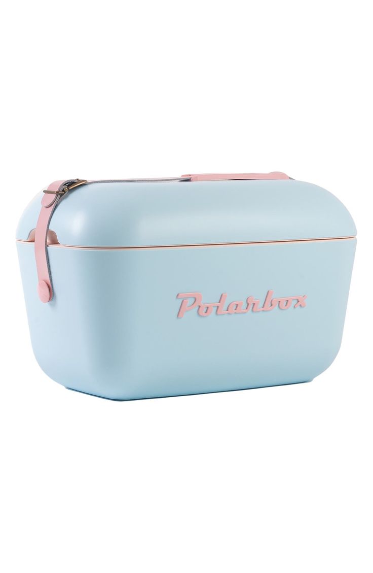 a blue and pink lunch box with the word potahbox on it's side