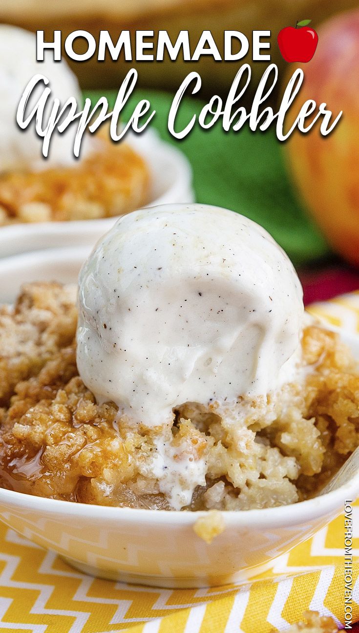 homemade apple cobbler in a bowl with ice cream on top