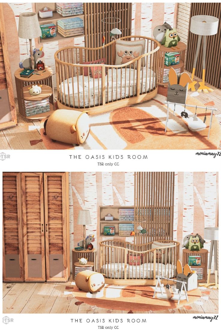 two pictures of baby cribs in the same room, one is made out of wood