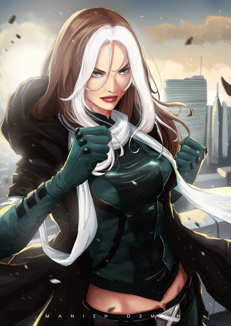 a woman with long white hair and black gloves