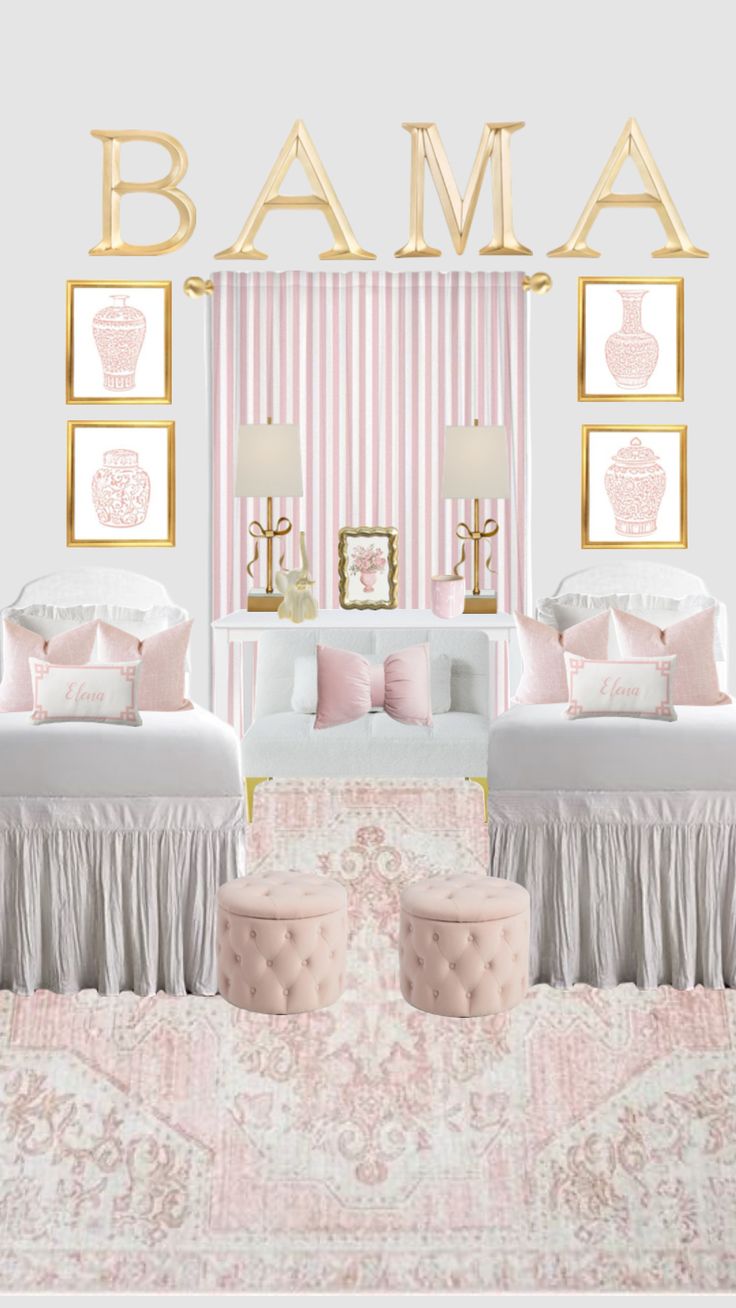 a pink and white bedroom with gold letters above the bed