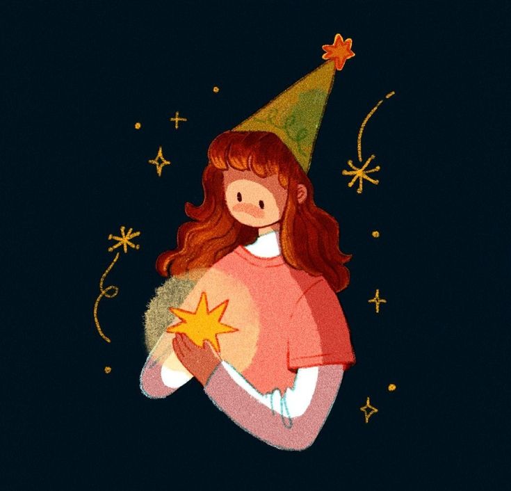 a girl with a party hat holding a star