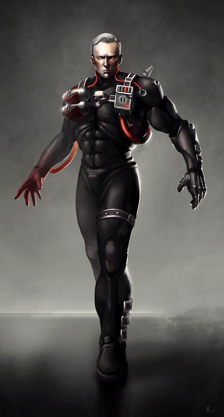 an artist's rendering of a man in black and red armor with his arms outstretched