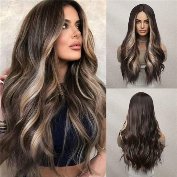 Questions? Leave A Comment Below! Dark Brown With Blonde, Highlight Wigs, Brown With Blonde, Pink Blonde, Brown With Blonde Highlights, Ombre Purple, Blonde Highlight, Brunette Hair With Highlights, Wavy Wigs